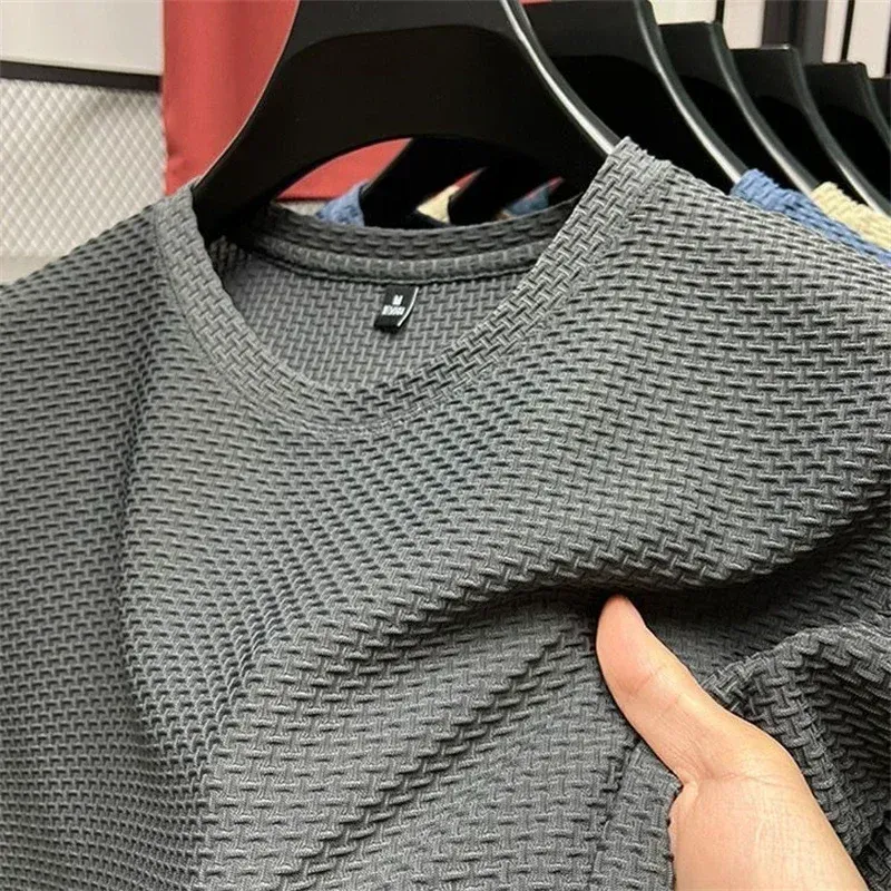 Sommer-Herren-T-Shirt mit Rundhalsausschnitt und kurzen Ärmeln, M-5XL, Übergröße, knitterfrei, atmungsaktiv, Oberteil, Texturstoff, vielseitige T-Shirts