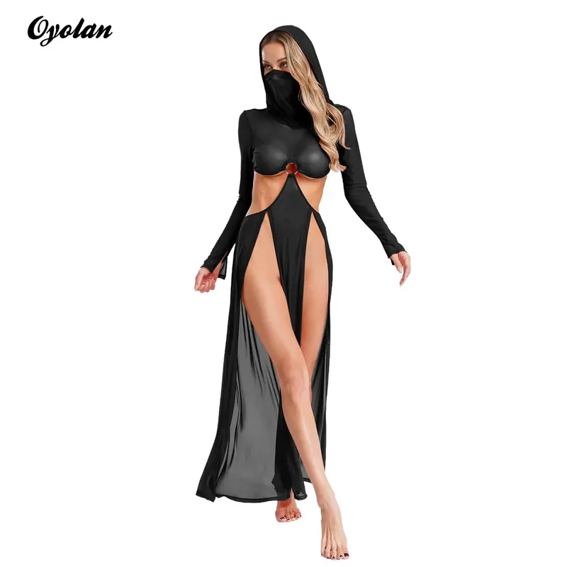 Durchsichtiges Damenkleid mit Kapuze, Gesichtsmaske, Maxi, hoher Schlitz, sexy Netzkleid, lange Ärmel, aushöhlen, durchsichtiges Kleid, Cover-Up-Badebekleidung