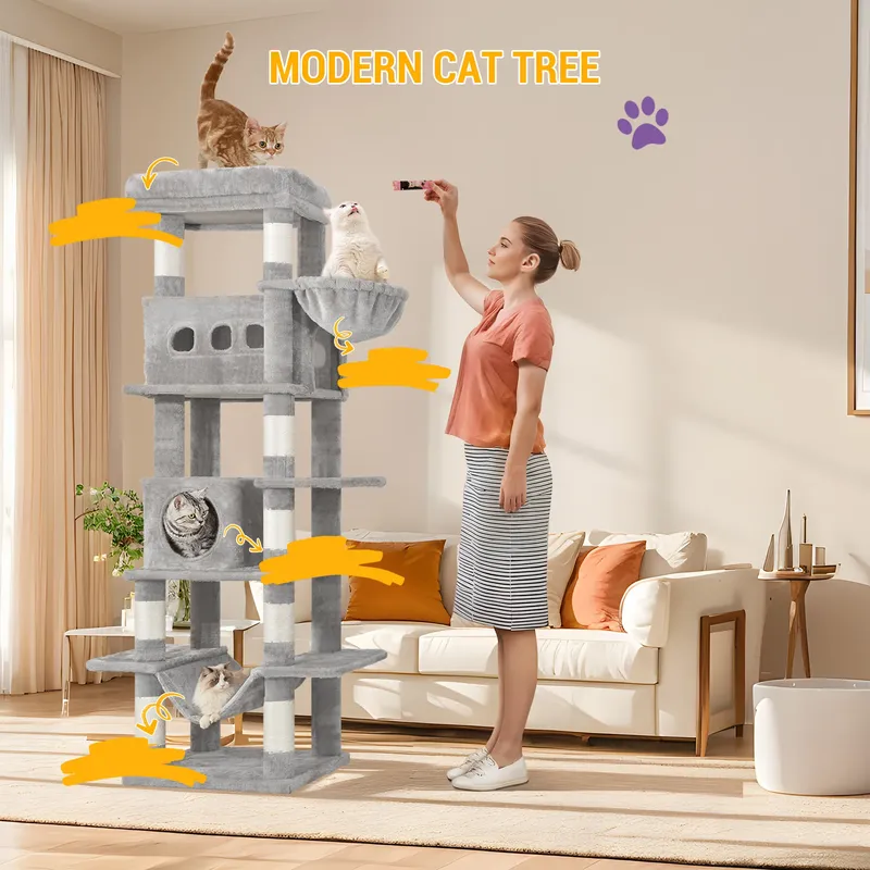 170 cm Großer Katzenbaum, Katzenturm für Maine Coon Katzen, Mehrstufiger Kratzbaum mit Großer Liegefläche, Waschbare Matte