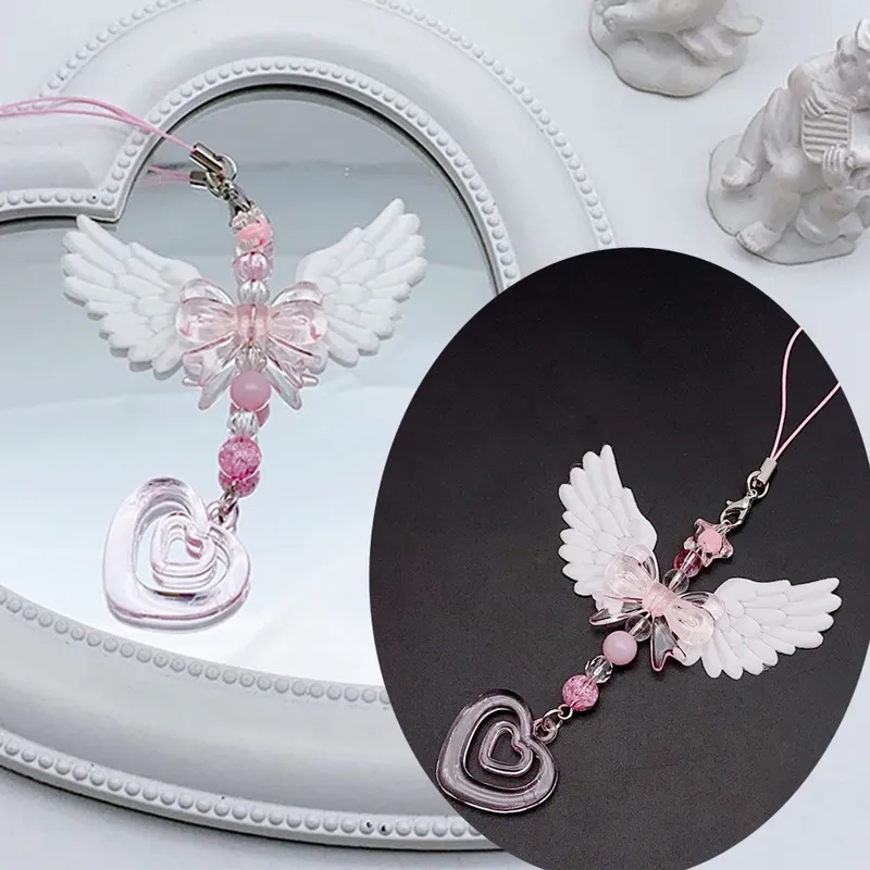 Neue schöne Flügel Bogen Herz Handy Gurt Telefon Anhänger Kette für Mädchen Frauen süße Schlüsselanhänger Taschen dekorative Accessoires Geschenke