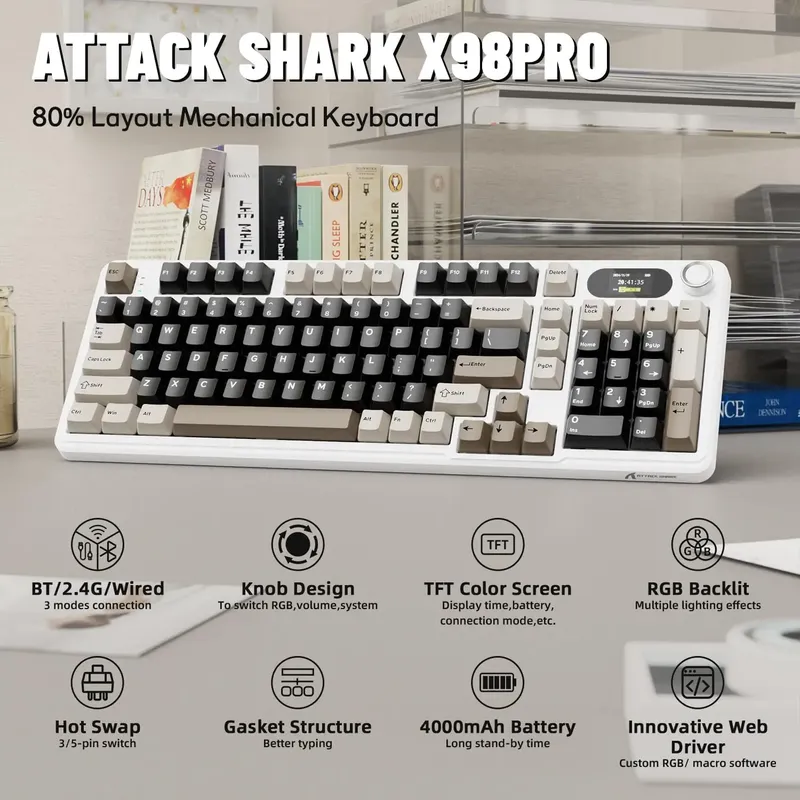 ATTACK SHARK X98Pro Kabellose mechanische Tastatur mit Bildschirm und Knopf, Tri-Mode-Dichtung, Hot-Swap-fähige RGB-Tastatur, Web-Driver
