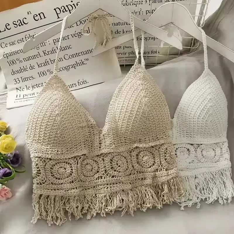 Boho Häkel-Neckholder-Top für Damen, Sommer-Strand-Strick-Crop-Top mit Quasten, rückenfrei, ärmellos, Bralette
