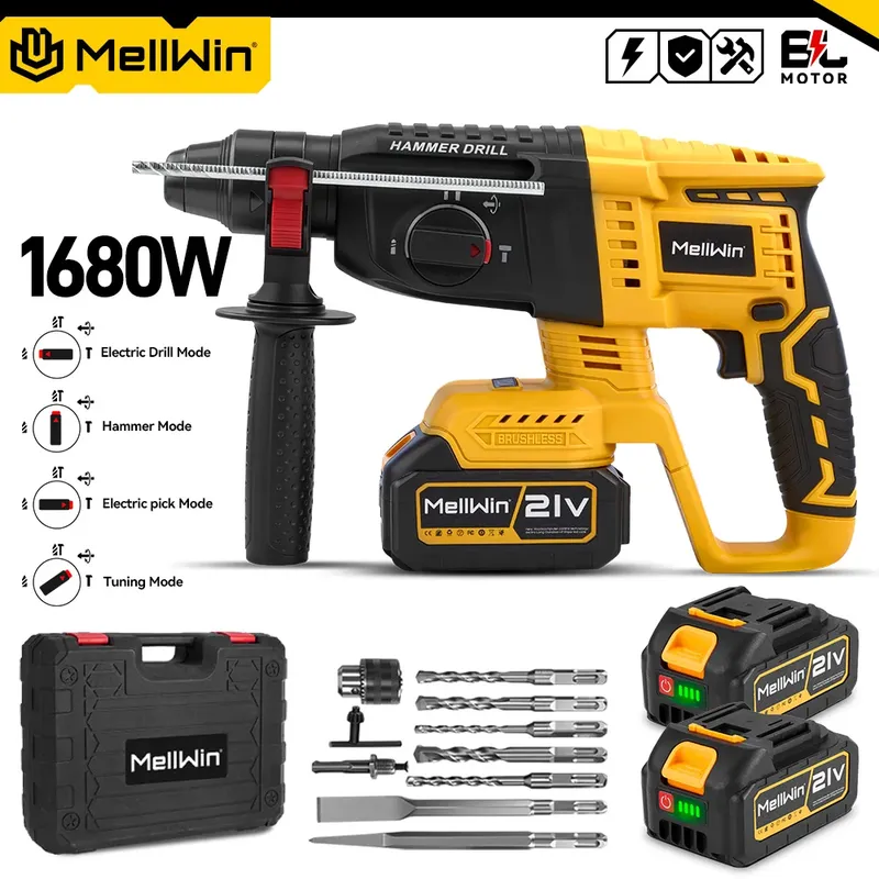 MELLWIN 3-in-1 bürstenloser elektrischer Bohrhammer, Multifunktions-Schlaghammer für Stahl, Beton, Holz, für Makita 18 V Akku-Stift