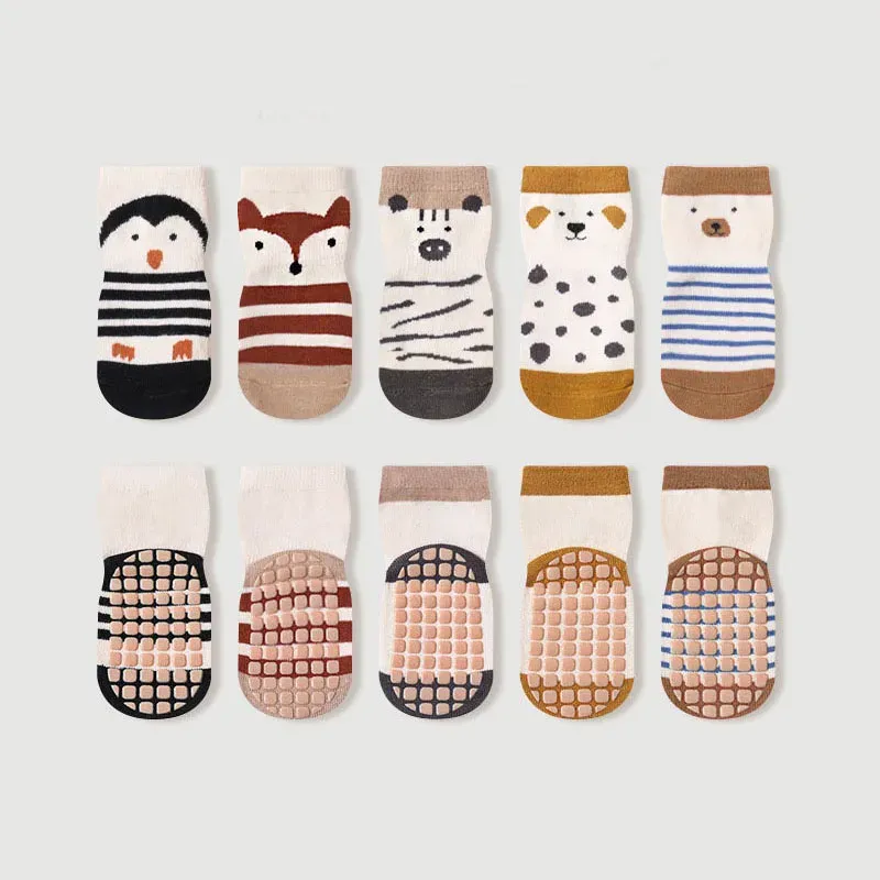 5 Paar rutschfeste Kindersocken mit niedlichem Cartoon-Muster für Babys, Jungen und Mädchen, Bodensocken, bequem, atmungsaktiv, für Kleinkinder