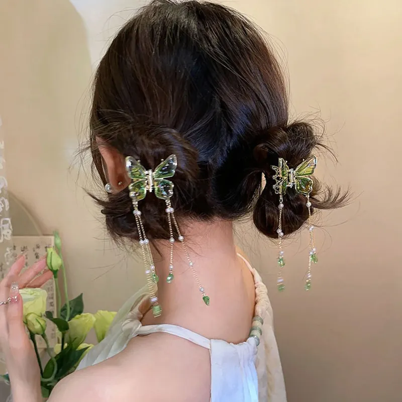 Trendy Gradient Schmetterling Haar Klaue Für Frauen Elegante Retro Perle Quaste Haar Clip Kleine Frische Sommer Metall Haar Zubehör
