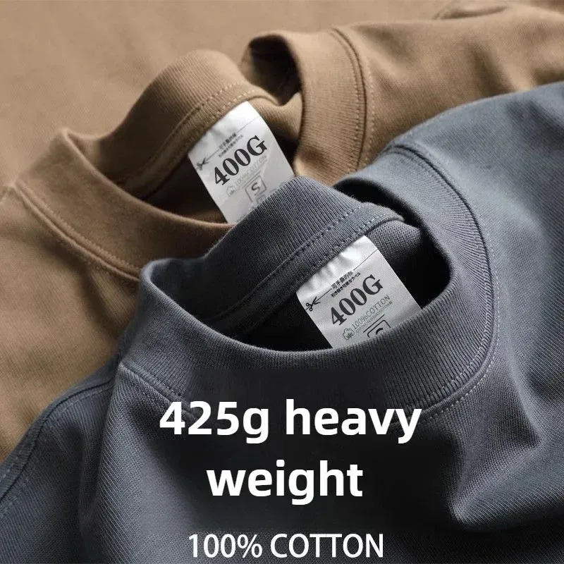 Heavy Wight 425 Gramm Herren-T-Shirt aus Baumwolle, halbe Ärmel, atmungsaktiv, hochwertig, Rundhalsausschnitt, Basic-Tops, Herren-Sommer-T-Shirt