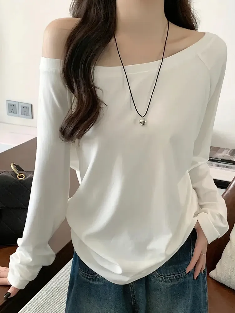 Oversize Off schulter Langarm T-shirt Frauen einfarbig Casual Tops Dame Frühling Herbst Basic Tees Koreanischen stil Jugend Blusen
