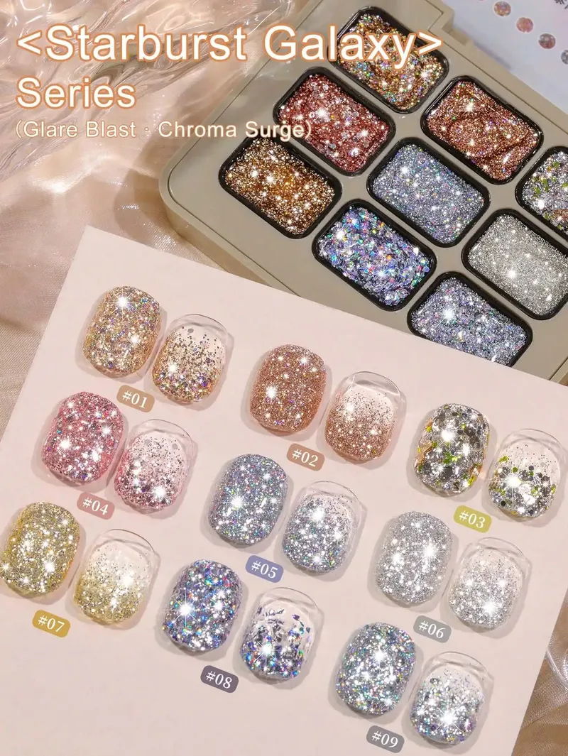 9 Farben Starburst Galaxy Series Glitter Solid Adhesive Gel Nagellack Semi Permanent Soak Off UV LED für Nägel Salon DIY