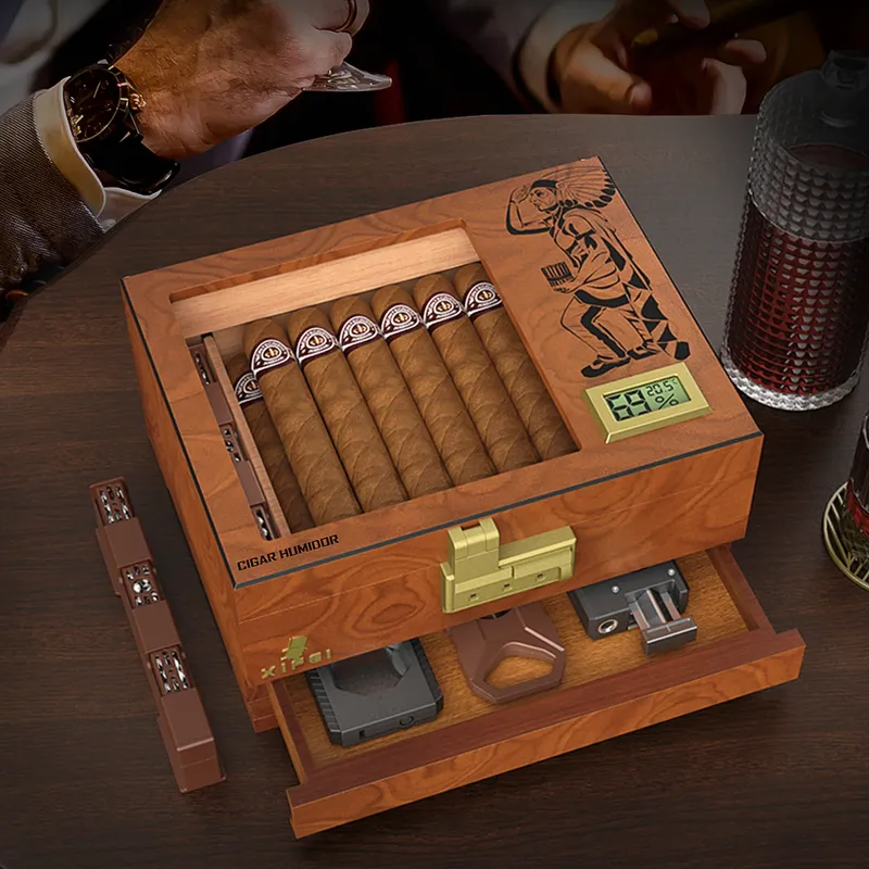Zigarren-Humidor-Box, Desktop-Zigarrenetui aus Zedernholz mit digitalem Hygrometer, Luftbefeuchter, Teiler, Zubehör, Schublade und Zahlenschloss