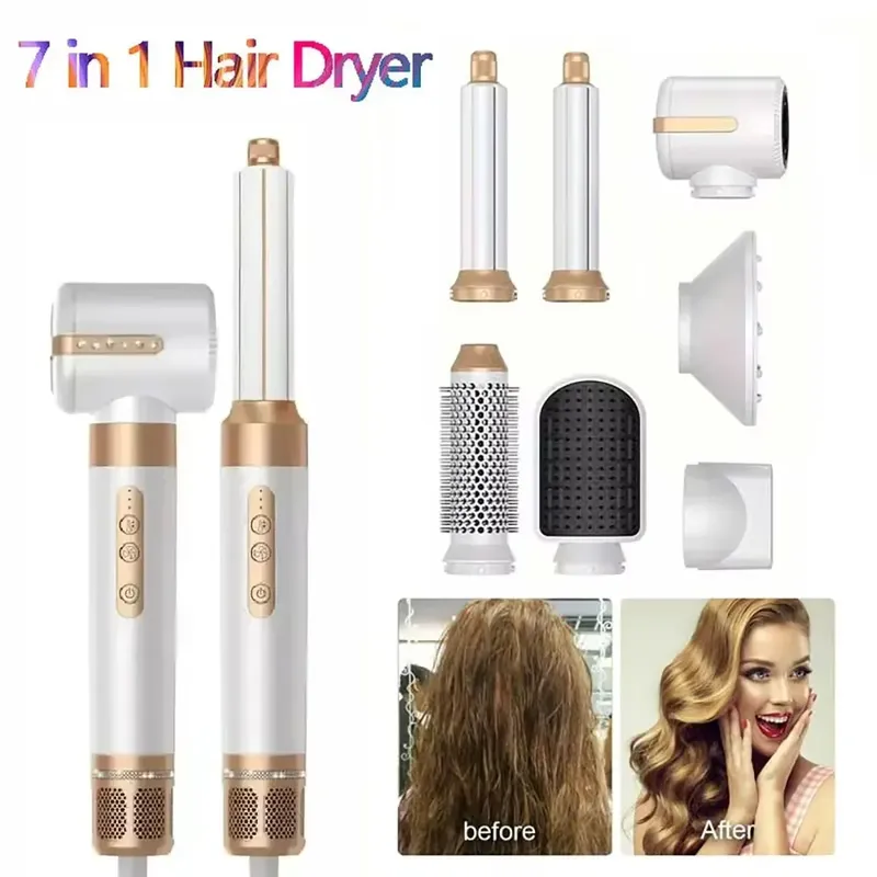 7-in-1-Haartrockner, professioneller Lockenstab mit negativen Ionen, Haarglätter, bürstenloser Motor, Hochgeschwindigkeits-Haartrockner, heißes Kamm-Set