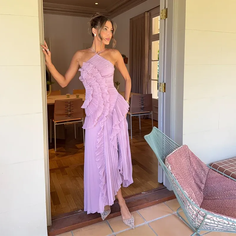 Schickes, elegantes Maxikleid mit Lotusrand, schmale Passform, rückenfrei, mit Schnürung, Neckholder-Roben, ärmellos, Party-Vestidos 2025, neue Damen-Urlaubskleider