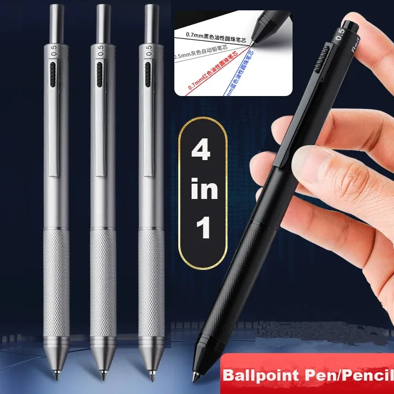Multifunktionaler 4-Farben-in-One-Stift mit Schwerkrafterkennung, Metall-Kugelschreiber/Druckbleistift, Öl-Signing-Canetas mit schwarzer/roter/blauer Tinte
