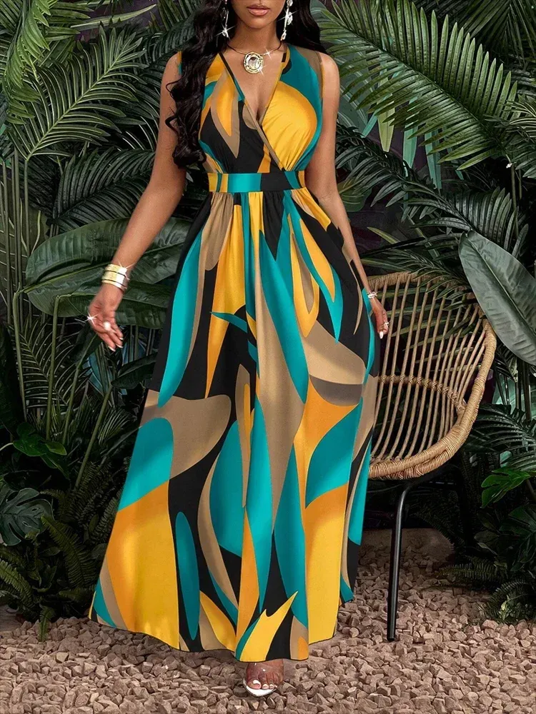 Ärmelloses, bodenlanges Damenkleid mit V-Ausschnitt und abstrakten Aufdrucken – modisch für Strand- und Freizeitgelegenheiten - 16.17 EUR