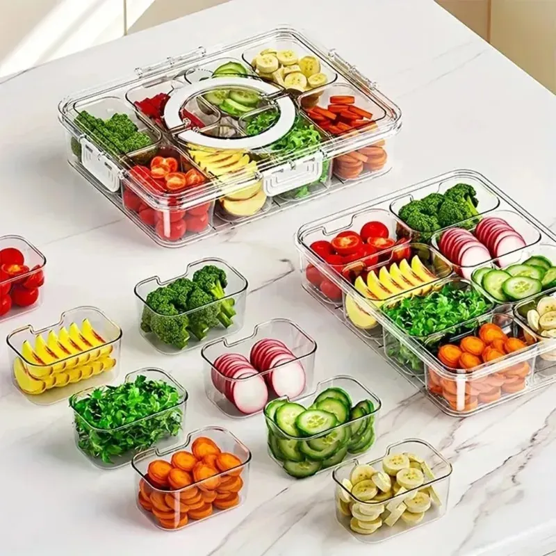 Geteilter Teller mit 8 Gittern und Deckel, Aufbewahrungsbox für Lebensmittel, Snackbox, Obst-Aufbewahrungsbehälter für Kühlschrank, Gemüse-Organizer
