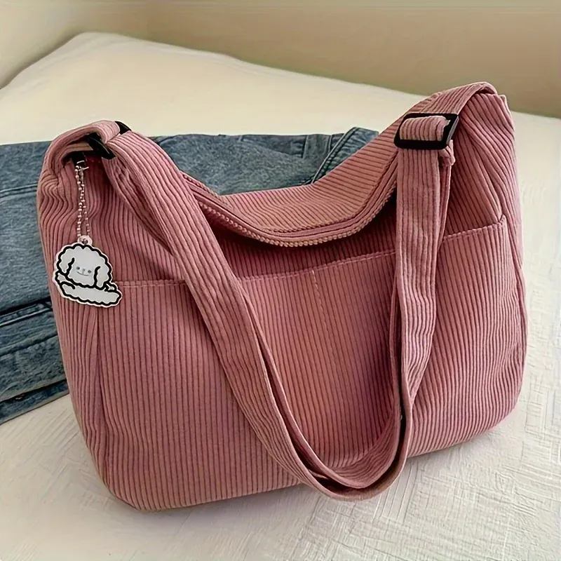 Damen-Umhängetasche aus Cord, lässige, gestreifte Tragetasche mit großem Fassungsvermögen und Reißverschluss, niedlicher Hut-Patch, perfekt für den täglichen Gebrauch