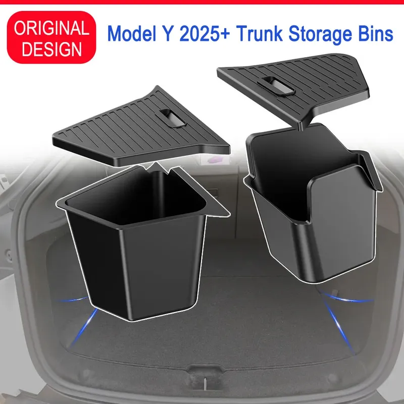 Für Tesla Model Y Juniper Trunk Organizer, seitliche Aufbewahrungsbox, Kofferraum-Organizer, beflockte TPE-Matte, schmutzabweisend, 2025, Auto-Reisezubehör