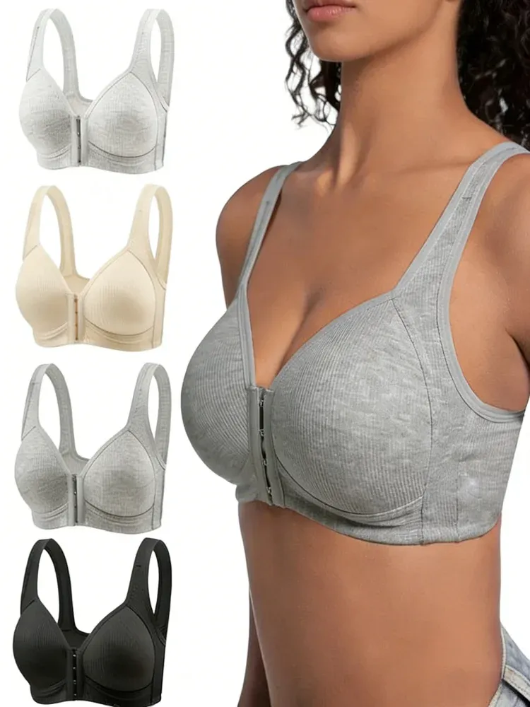 Damen-BH ohne Bügel, Vorderverschluss, einfarbig, volle Abdeckung, feste Cups, nahtlos, große Größen, bequeme Unterwäsche