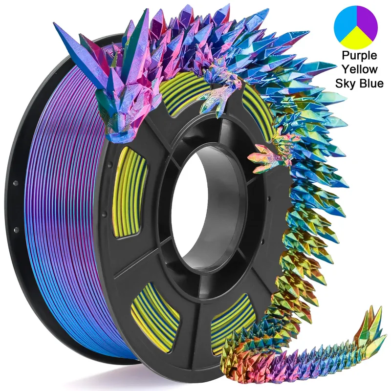Tricolor Silk PLA 3D-Drucker-Filament, 1,75 mm mehrfarbiges 3D-Druckfilament, lila, himmelblaues und gelbes Filament, 250 g (0,55 lbs)