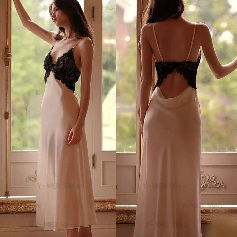 Sexy Chemise Nachtwäsche Spitze Rückenfreies Nachthemd Eis Seide Pyjamas Weibliche Dessous Lange Hause Morgenmantel Nachthemd Loungewear