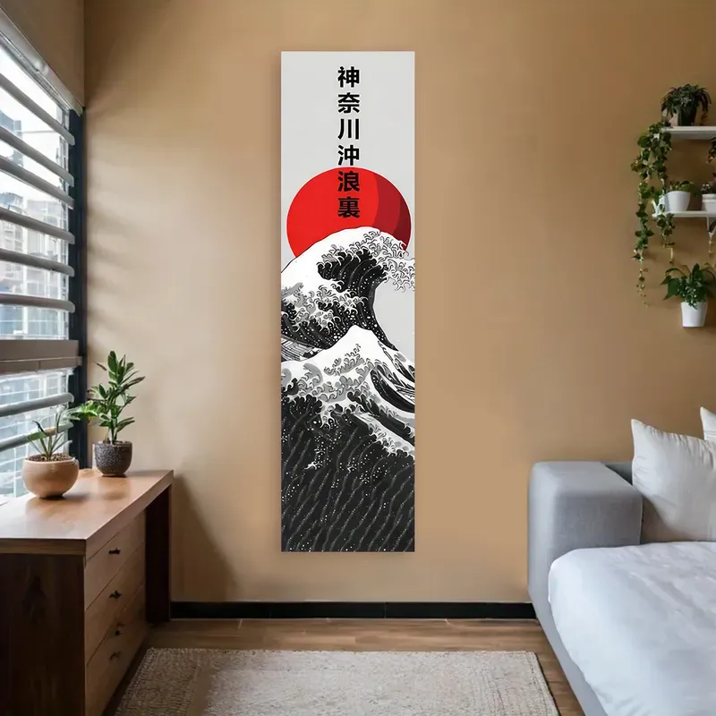 Japanische Ozeanwellen Wanddekoration Wandteppich Rote Sonne & Ozeanwellen Landschaft Ästhetischer Wandteppich Wandbehang Home Room Decor
