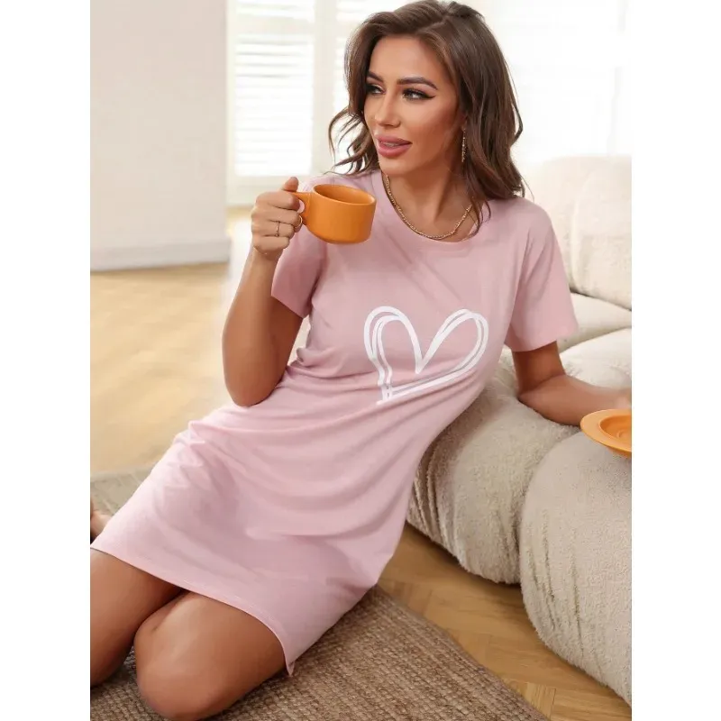 Plus Size Loungewear Nachthemd Damen Herzdruck Kurzarm Sexy Rundhalsausschnitt Heimkleid Sexy Nachtwäsche Romantische Damen