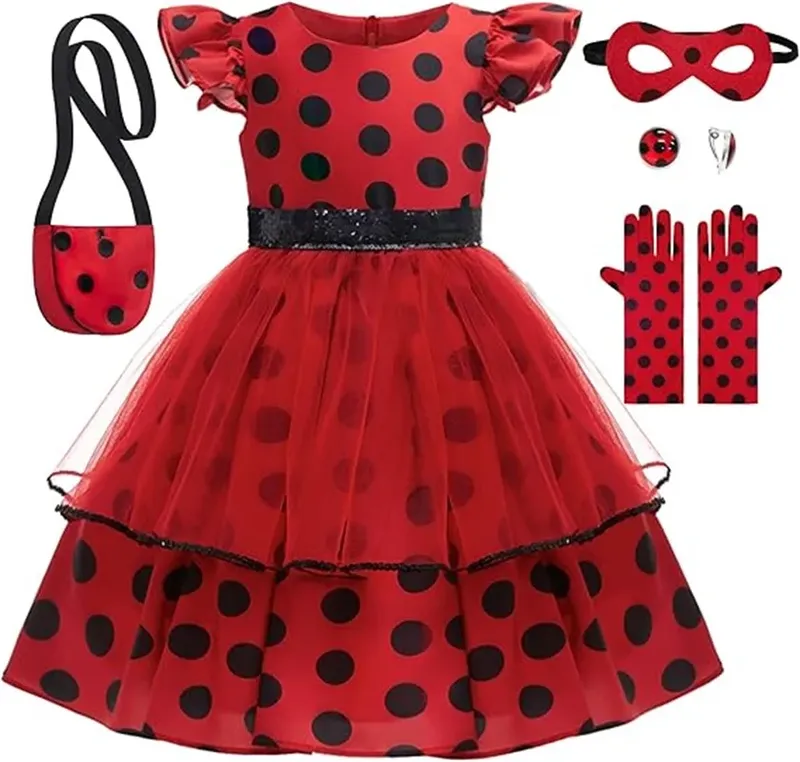 Mädchen Cosplay Kostüm Polka Dot Rotes Kleid mit Tasche Handschuhe Maske Ohrringe für Kinder Käfer Halloween Geburtstag Dress Up