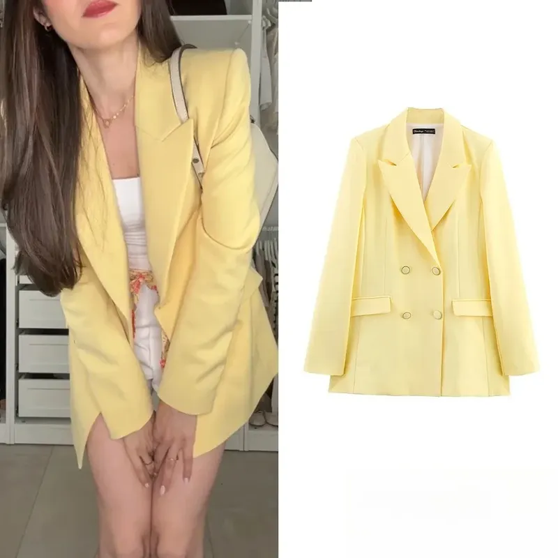 KONDALA Vintage Butter Gelb Übergroßer Blazer Doppelknöpfe V-Ausschnitt Lose Jacken Mode 2025, Frühling und Sommer, elegante Oberbekleidung