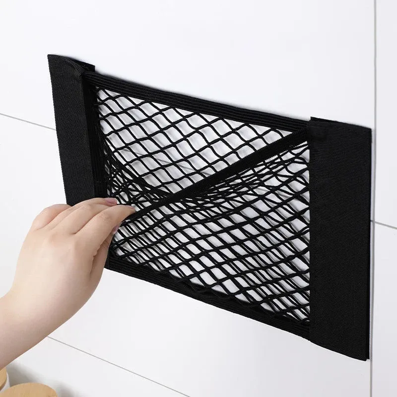 Aufbewahrungsnetztasche für Zuhause, Küche, Schrank, Tür, selbstklebend, Kleinigkeiten, Tasche, Kofferraum, elastische Tasche mit Nylon-Befestigungsband, Auto-Organizer