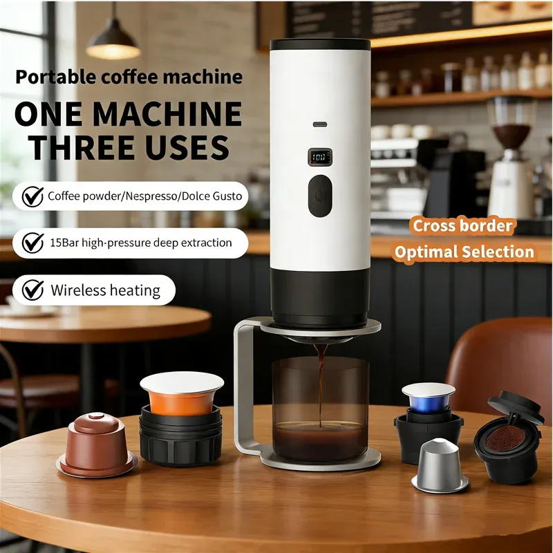 Tragbare 3-in-1 kabellose elektrische Espressomaschine für Auto, Zuhause, Camping – Kapselpulver-Reise-Kaffeemaschine