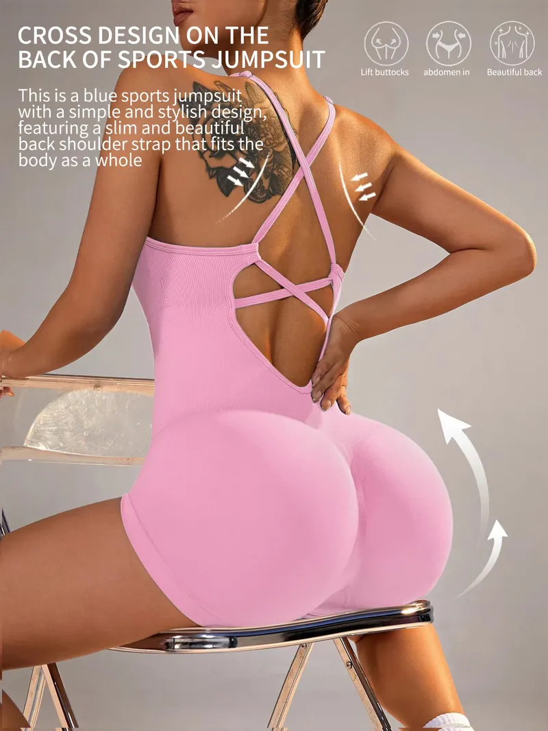 CZGUKE Damen Sexy Fitness-Jumpsuit, verstellbarer Sport-Playsuit, einteiliger Yoga-Anzug mit gerafften Shorts und rückenfreiem Design