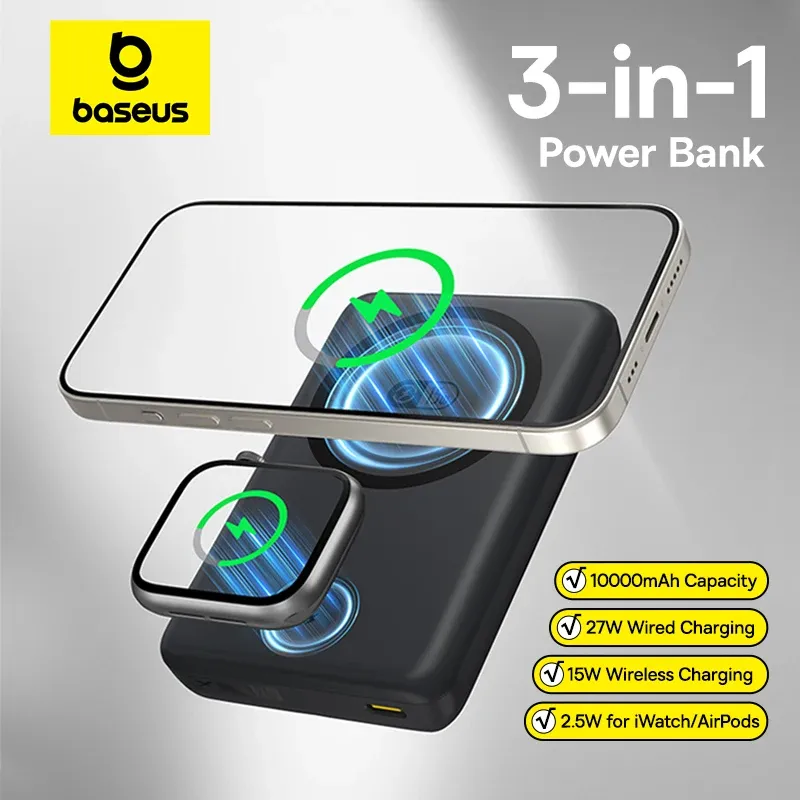 Baseus 27W magnetische Power Bank 10000mAh 15W kabelloses Laden externer Akku für iPhone iWatch AirPods Samsung Xiaomi Poco