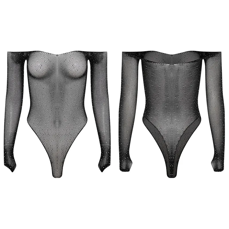 Glänzender Netz-Body mit Strasssteinen für Damen, schulterfrei, langärmelig, dehnbarer Trikot-Overall, Nachtwäsche, Bikini, Bademode, Vertuschung