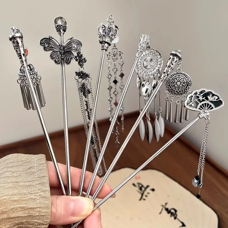 Elegante Damen Haarnadel Antik Silber Schmetterling Quaste Haarstab Vintage chinesischen Stil Metallschmuck Haarschmuck Haarnadeln