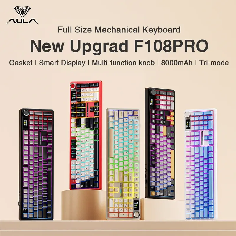AULA F108pro Drahtlose Bluetooth-Tastatur, Makro-Gaming-Tastatur, Dichtung, Hot-Swap-Tastatur in voller Größe mit TFT Smart Display