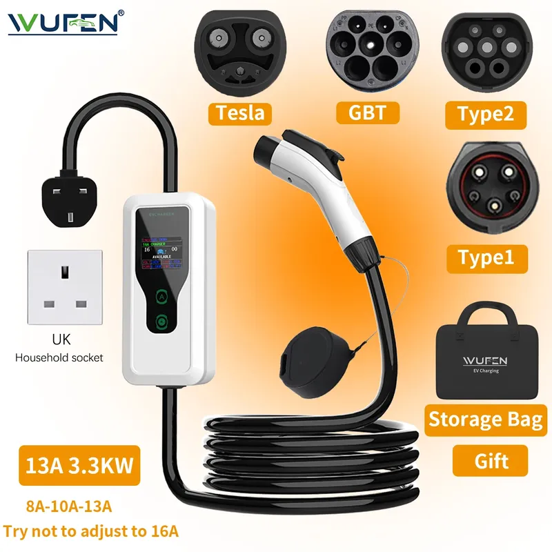 WUFEN Elektroauto Tragbares Typ2 GBT NACS Typ1 UK BS Stecker EV-Ladegerät 13A 3,3 KW Ladekabel EVSE 230V für den Heimgebrauch im Freien