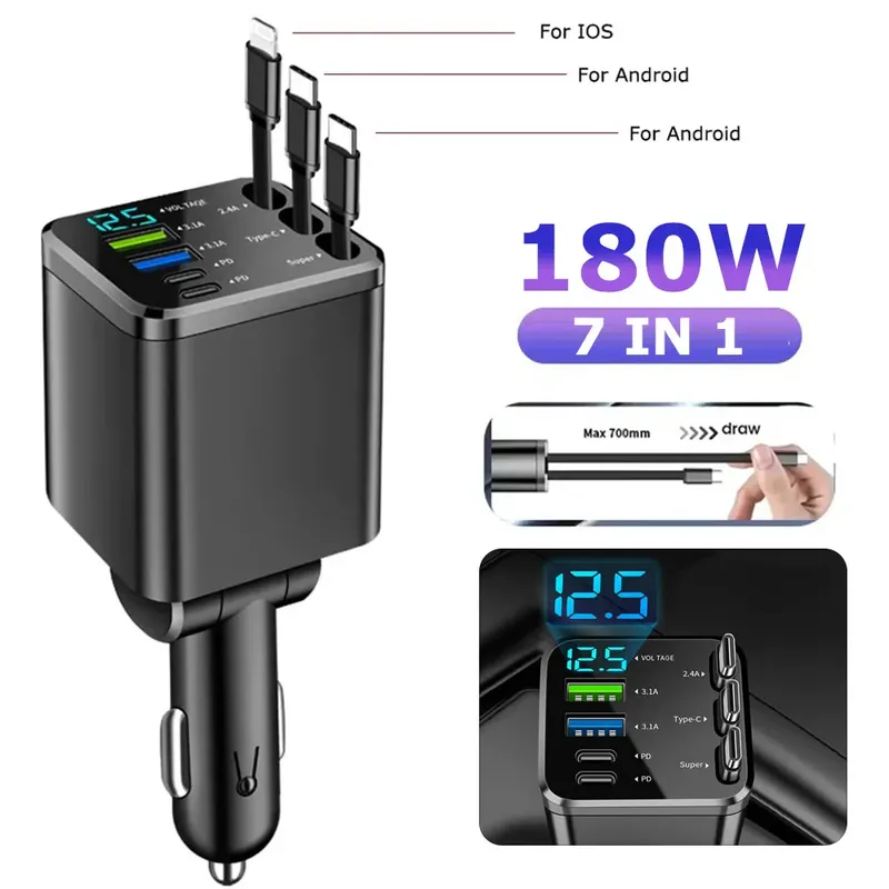 150W Auto Ladegerät PD30W Auto Zigarette Leichter Adapter Spannung Display Mit Versenkbare Kabel Schnelle Ladegerät 22,5W Für IOS Android