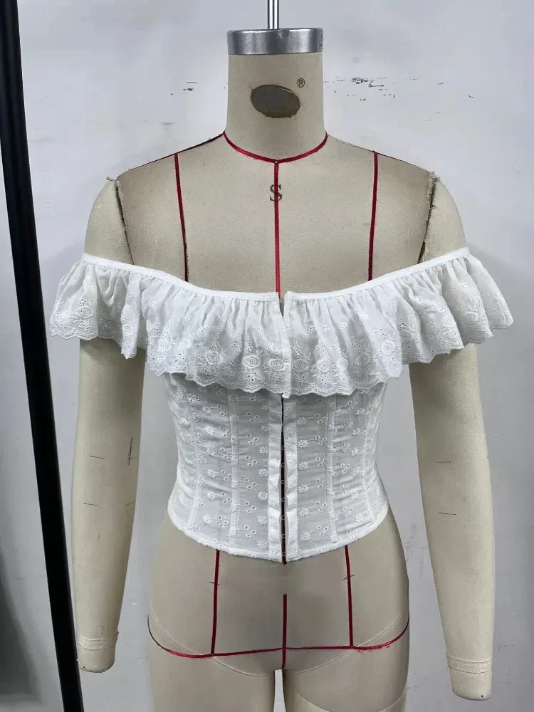 Zurück Lace Up Sommer Top Frauen 2025, Eine Schulter Süße Aushöhlen Korsett Dame Chic Häkeln Blume Rüschen Ärmellose Leibchen