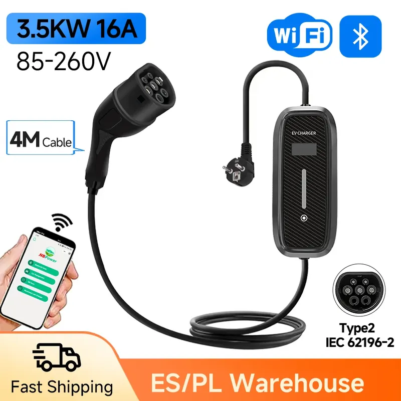 GEARELEC 16A 3,5kW EV Tragbares Ladegerät Typ2 Kabel 220V EVSE Ladewandkasten Autoladegerät für Elektrofahrzeuge WiFi APP-Steuerung