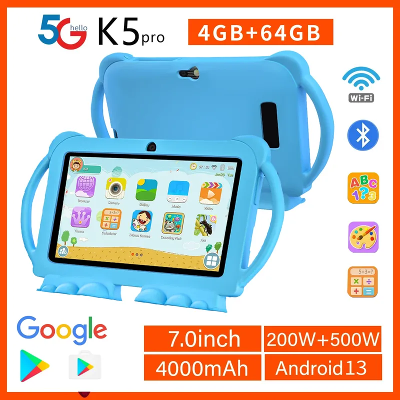 2025 Neues 7-Zoll-Kindertablett mit Cartoon-Schutzhülle, 5G WiFi, Google Learning Education Tablet PC, 4 GB RAM, 64 GB ROM, 4000 mAh