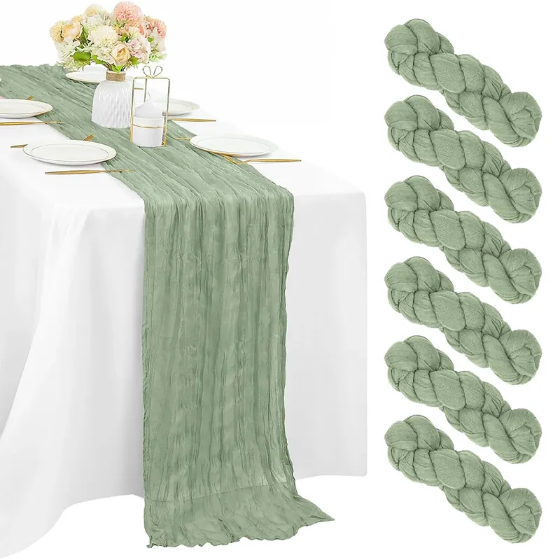 Salbeigrüner Käsetuch-Tischläufer, rustikale Boho-Gaze, blau, rosa, Tischläufer, Hochzeit, Babyparty, Geburtstag, Party, Heimdekoration