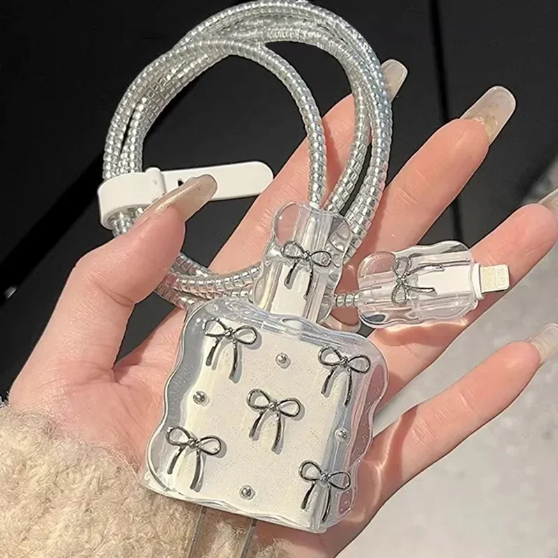 Transparente, glänzende Schleife, Handy-Ladegerät, Schutzhülle für Apple IPhone, 20 W, Laserkabelwickler, Drahtschutz