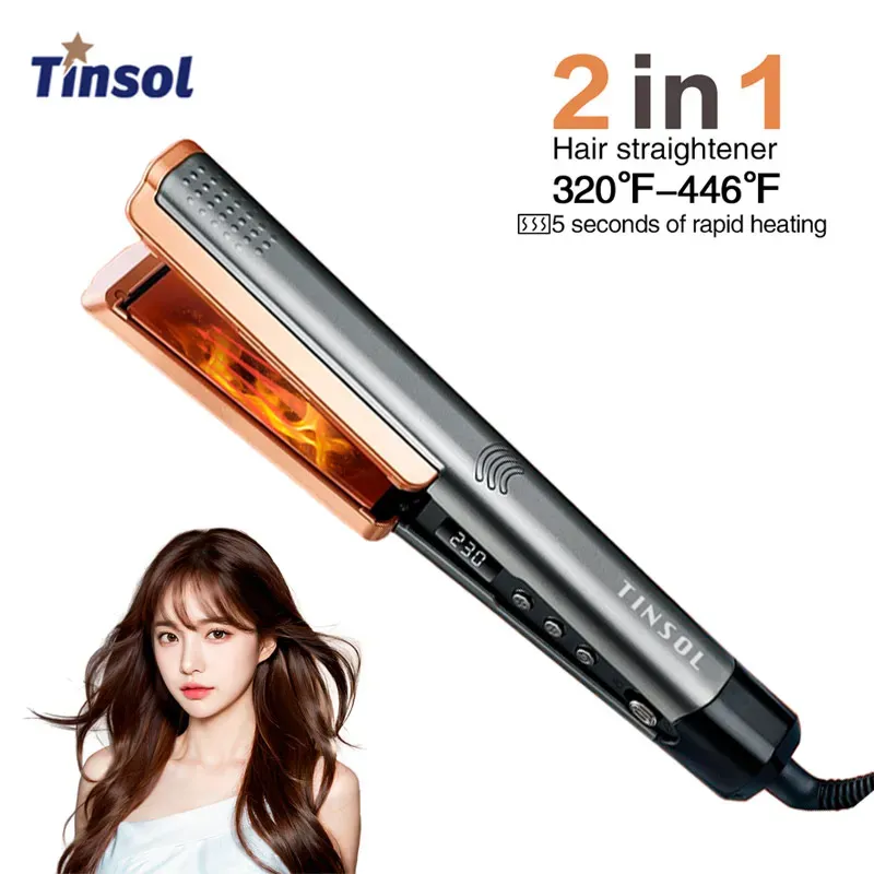TINSOL 2-in-1 Professioneller Haarglätter Lockenstab, Negativ-Ionen-Conditioner mit LCD-Haarglätter mit breitem Panel