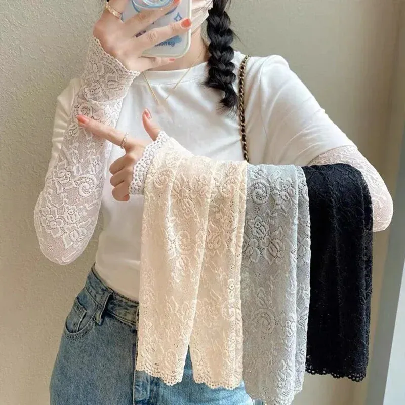 Frauen Sommer Eis Seide Spitze Arm Hülse Elastische Hülse Fahren Handschuhe Schwarz Weiß Lange Fingerlose Fäustlinge Sonnenschutz Handschuhe