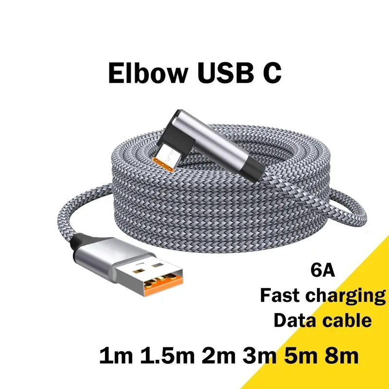 6A USB C Ellenbogen Typ C Schnellladekabel 1/2/3/5/8M Telefon verlängern Ladekabel für Samsung Huawei Xiaomi Oppo OnePlus VR Kamera