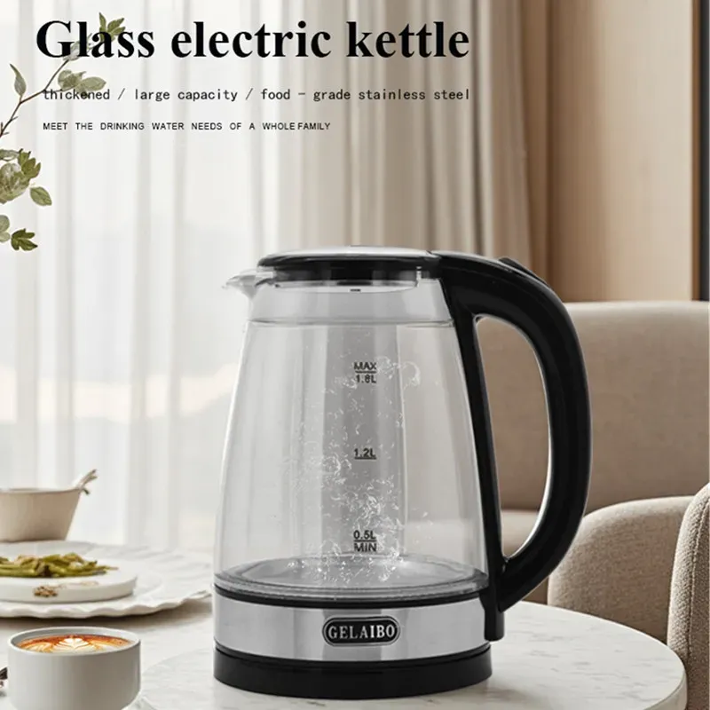 Elektrischer Wasserkocher aus Edelstahl, 1,8 l Stahl, doppelschichtiger Glas-Gesundheitskonservierungstopf, elektrischer Warmwasserbereiter mit blauem LED-Licht für die Küche