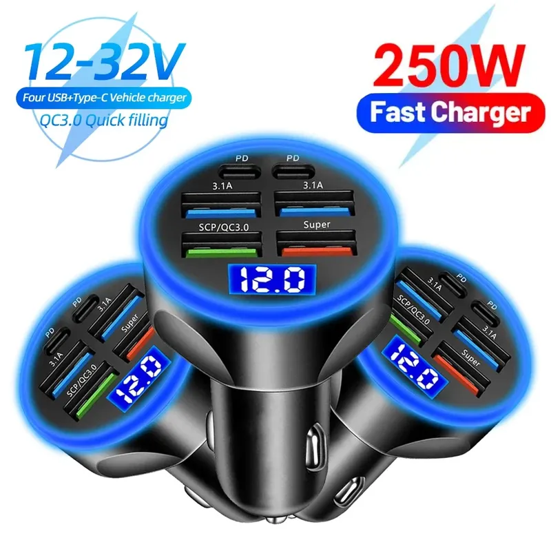 Autoladegerät 2-6 Ports Schnelles Schnellladen PD QC3.0 USB-Autotelefon-Ladegerät Typ C-Adapter im Auto für iPhone Samsung Huawei Xiaomi