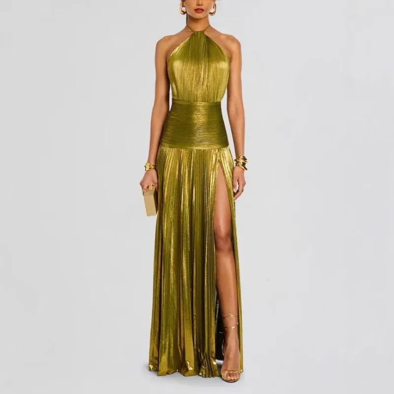 Luxuriöses Damen-Korsett-Party-Cocktailkleid, sexy schulterfrei, Neckholder, Falten, Schlitz, Gast, Promi-langes Kleid, Promi-Abschlussballkleid