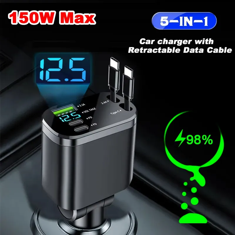 5-in-1 einziehbares Autoladegerät, USB Typ C PD, einziehbares Kabel für iPhone, Samsung, schnelles Ladekabel, Zigarettenanzünder-Adapter
