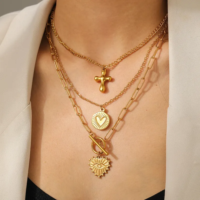 Edelstahl Halskette Herz Teufelsauge Kreuz Multi-Element Mode Schlüsselbein Kette Für Frauen Schmuck Party Täglichen Spiel