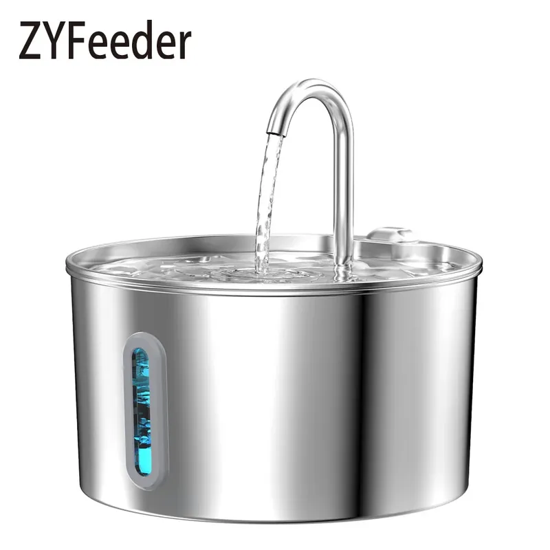 ZYFeeder 2,2 l automatischer Wasserbrunnen, Edelstahl, Haustier-Wasserspender, Katzen-/Hund-Trinknapf, Wasserspender, geräuschlos, mit Fenster